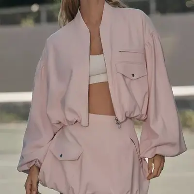 For Love & Lemons Long-Sleeve Front-Zip Top in pink on model