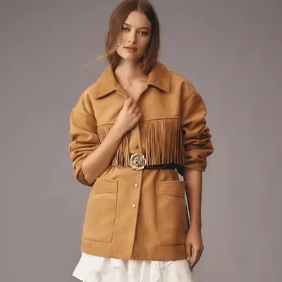 Pilcro Faux Suede Fringe Jacket in honey brown on model