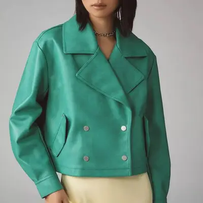 Avec Les Filles Faux Leather Cropped Peacoat in green on model