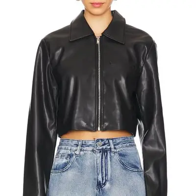 Superdown Emily Gemma Gabriella Faux Leather Jacket in black on model