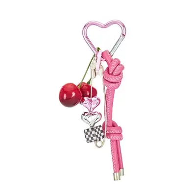 8 Other Reasons Bag Charm in pink and red with cherries, hearts, and dice on safety pin