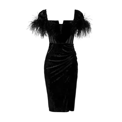 Autumn Adeigbo Esmee Dress in black velvet with feathers