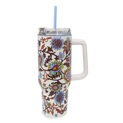 white Vera Bradley tumbler cup with blue straw and floral print