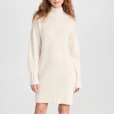 Naadam Marled Cashmere Turtleneck Tunic Dress in ivory on model