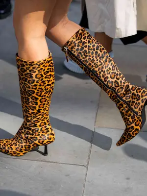 model wearing leopard print knee high kitten heel boots