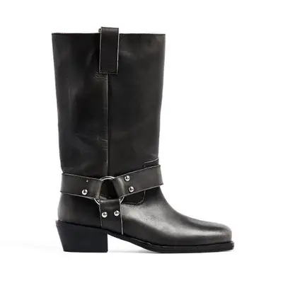 black moto boots with silver hardware
