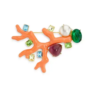 Kenneth Jay Lane Coral Branch Enamel & Multi-Stone Brooch