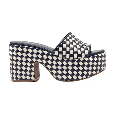 Larroude Miso Platform Sandal in navy and ivory leather