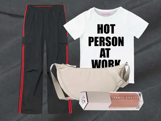 Track Pants, Beige Handbag, Fenty Makeup, Hot Person At Work Baby Tee