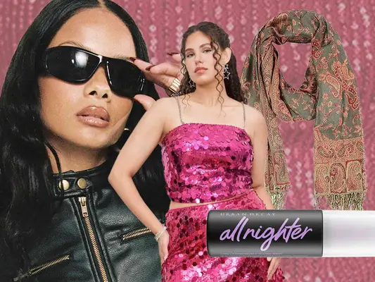 Woman Wearing Sunglasses, Woman in Pink Sequin Top and Skirt, Paisley Scarf, Uban Decay Product