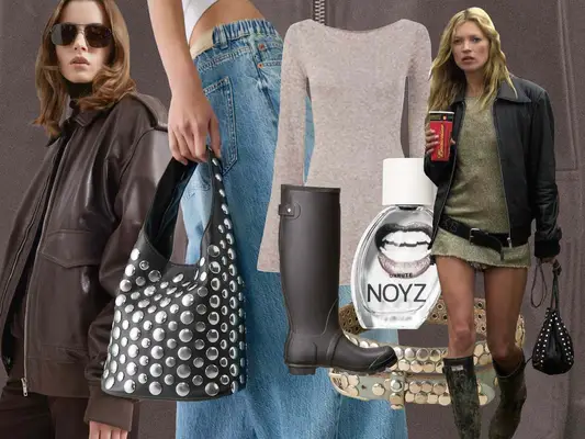 Kate Moss, Rain Boots, Perfume, Knit Skirt, Studded Belt, Studded Bag, Leather Jacket