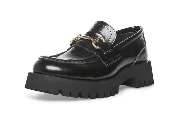 chunky black loafers with gold hardware