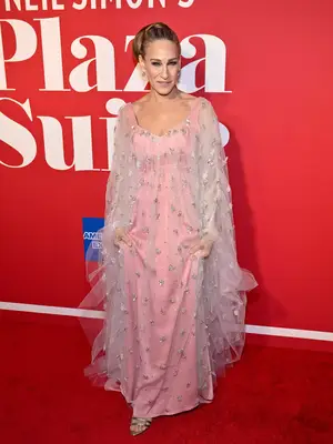 Sarah Jessica Parker wearing a pink gown with sheer embellished overlay and updo hairstyle