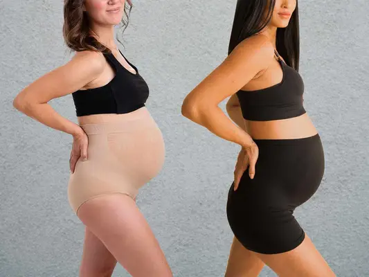 Two people posing sideways in maternity underwear we recommend