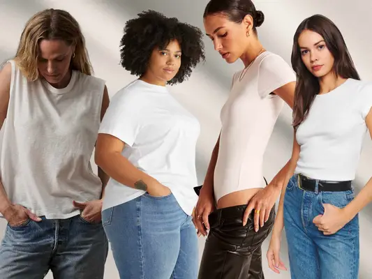 Side-by-side collage of four women wearing white T-shirts we recommend with different jeans on a white background