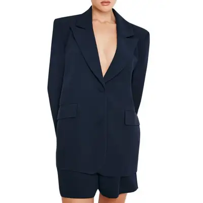 Good American navy blazer on model