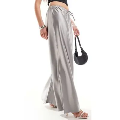 model wearing silver pull-on pants