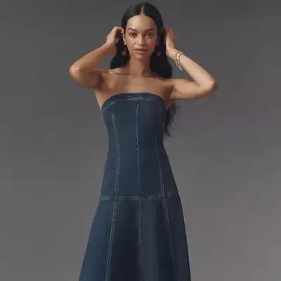 Pilcro Strapless Drop-Waist Denim Midi Dress on model
