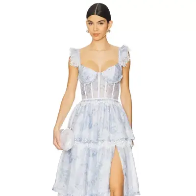 V. Chapman Jolie Gown in blue and white toile on model