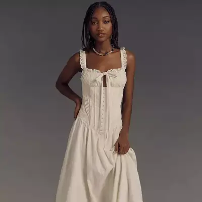 For Love & Lemons Ruched Corset Dress in ivory on model