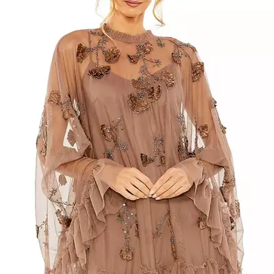 Mac Duggal Mac Embellished Mesh A-Line Minidress in brown on model