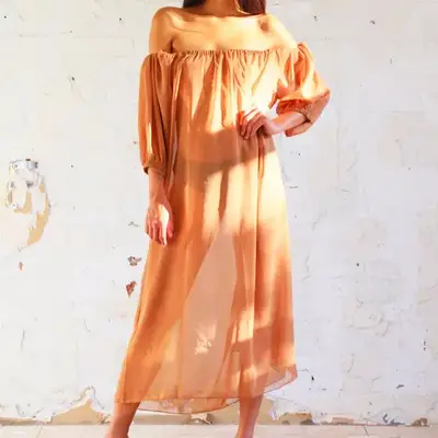 Par Bronte Laurent Maria Maria Dress in sheer peach on model