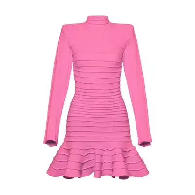 Fanm Mon Freda Dress in pastel butter yellow on model with asymmetrical ruffle