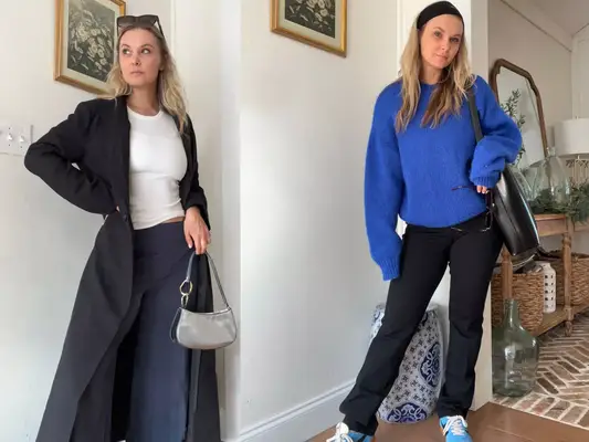 A person wearing the Old Navy Extra High-Waisted SleekTech Pleated Trousers next to a person wearing the SPANXsmooth™ PerfectFit Ponte Slim Straight Pant