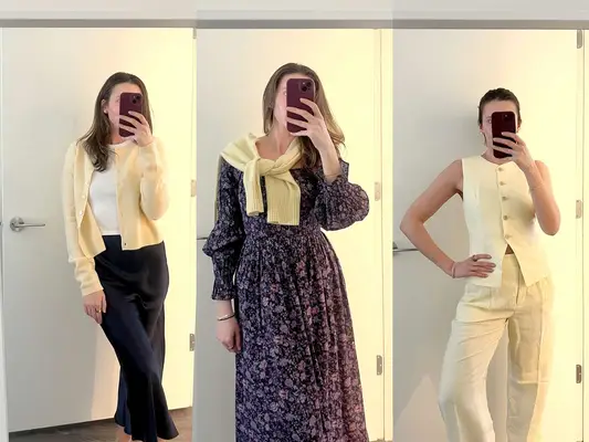 a person wearing three different butter yellow fashion outfits