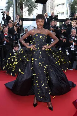 Leomie Anderson wears a black Sophie Couture dress with yellow floating feathers to the Cannes 2024 premiere of Marcello Mio