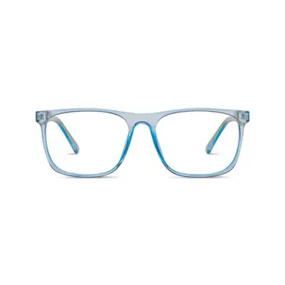 pair of blue oversized thick black frame eyeglasses against plain background