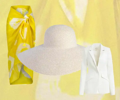 Yellow sarong, white floppy sun hat, and white blazer