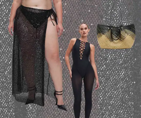 Sequined sarong on model, tied one-piece swimsuit on model, and woven black and neutral handbag