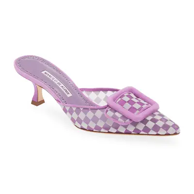Manolo Blahnik Maysalebi Buckle Kitten Heel Mule in purple checkered pattern