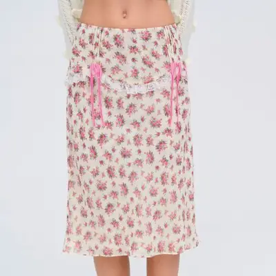 For Love & Lemons Etienne Midi Skirt in cream with pink floral and bows