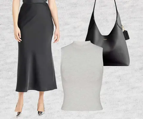 Black Silk Skirt, Mock Neck Tank Top, and Black Hand Bag