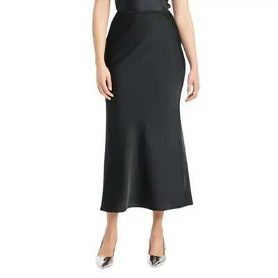 trumpet-shape maxi slip skirt in black on model