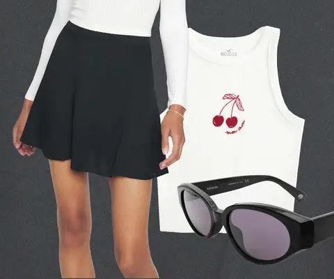 Short Black Flounce Skirt, White Tank Top with Graphic, and Sunglasses