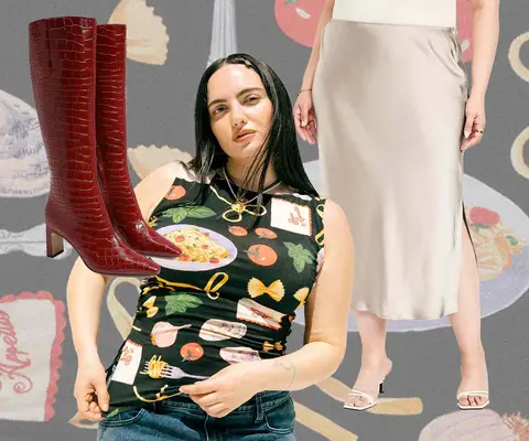 Red Boots, Black Tank with Food Graphics, and Tan Silk Skirt
