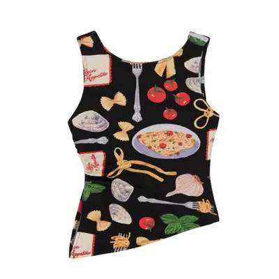 Lisa Says Gah Erin Tank in black with pasta, herb, and tomato graphics