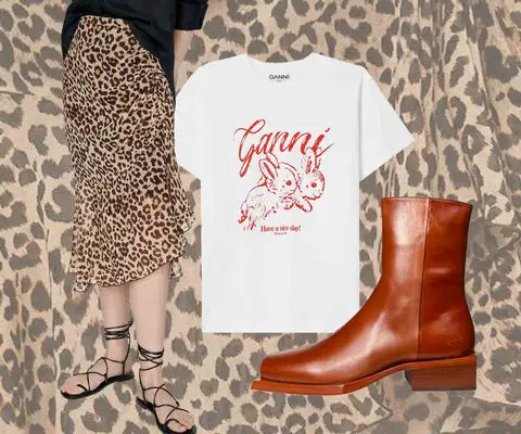 Cheetah Print Skirt, White Graphic Tee, and Tan Boots