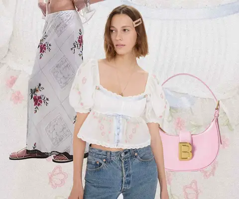 Floral Patterned Top and Skirt and Pink Hand Bag