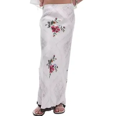 Topshop Satin Bias Midi Skirt in white with floral and square designs