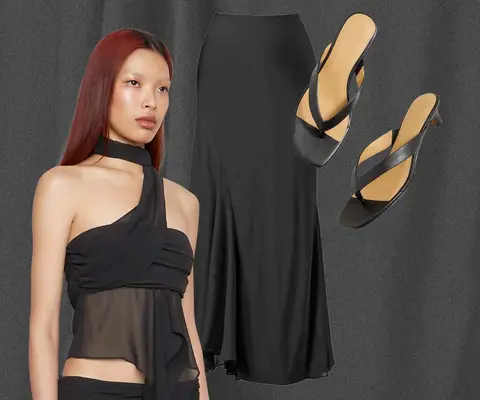 Wrap Chiffon Black Top, Black Silk Skirt, and Sandal Heels