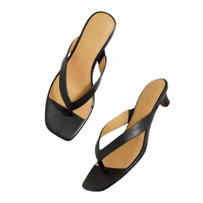 Madewell The Irene Thong Sandal in black and tan with kitten heel