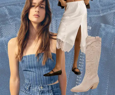 Denim Strapless Top, White Silk Skirt with Lace, and Tan Suede Cowboy Boots