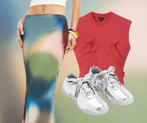 Multicolor Silk Skirt, Red Sleeveless Top, and Silver Ballet Sneakers
