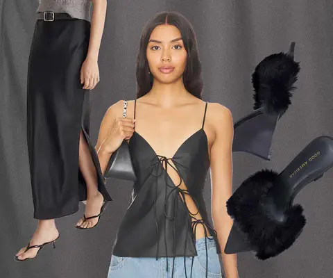 Black Silk Skirt, Black Silk Tie Front Cami, Black Furry Wedge