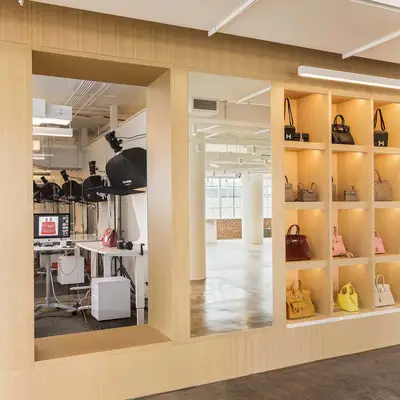 A selection of Hermes Birkin and Kelly bags available at a Fashionphile store