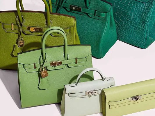 Six Hermes Birkin and Kelly bags in various shades of green